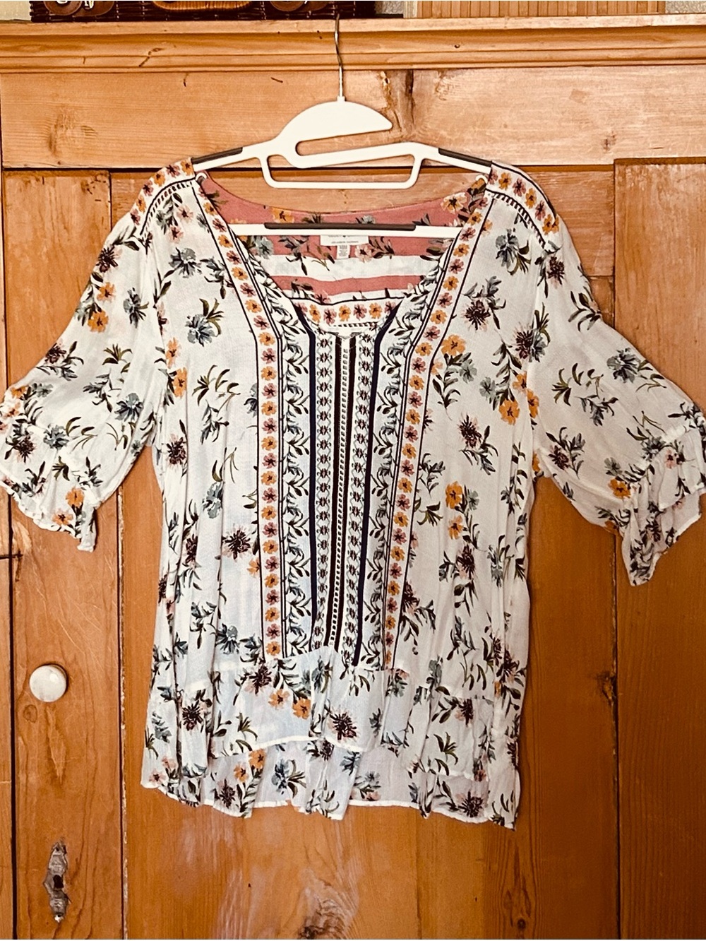 Lucky Brand Cream Floral V-Neck Embroidered Tunic with Yellow Accents